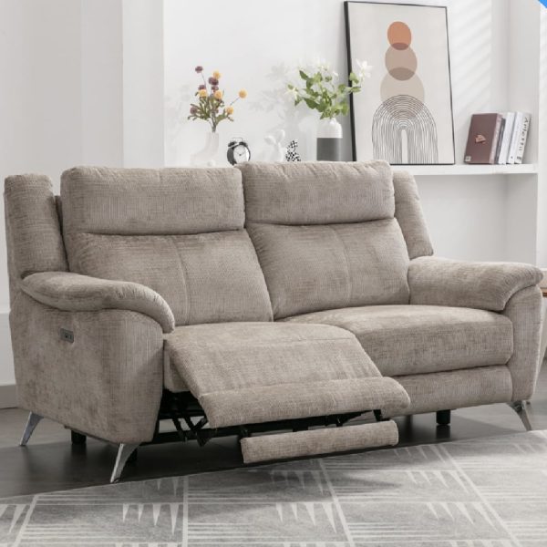 Mankato Fabric Electric Recliner 3 Seater Sofa In Fossil | Bed Sava