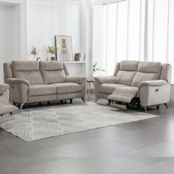 Mankato Fabric Electric Recliner 3+2 Seater Sofa Set In Fossil | Bed Sava