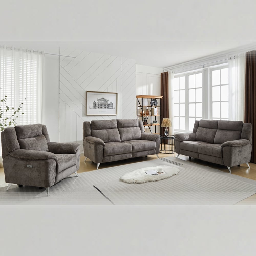 Mankato Fabric Electric Recliner Sofa Suite In Stone