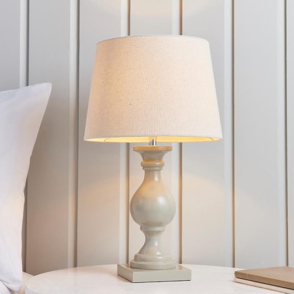 Manteo Ivory Fabric Shade Table Lamp With Taupe Wooden Base | Bed Sava