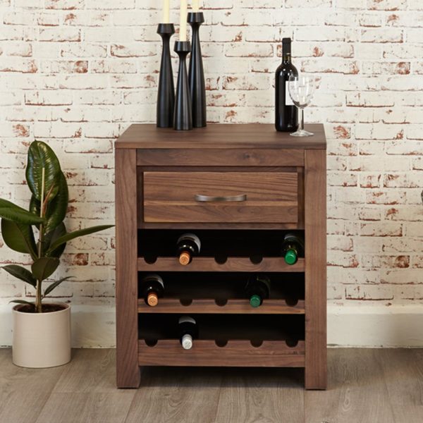 Manteo Wooden Lamp Table With Wine Rack In Walnut | Bed Sava