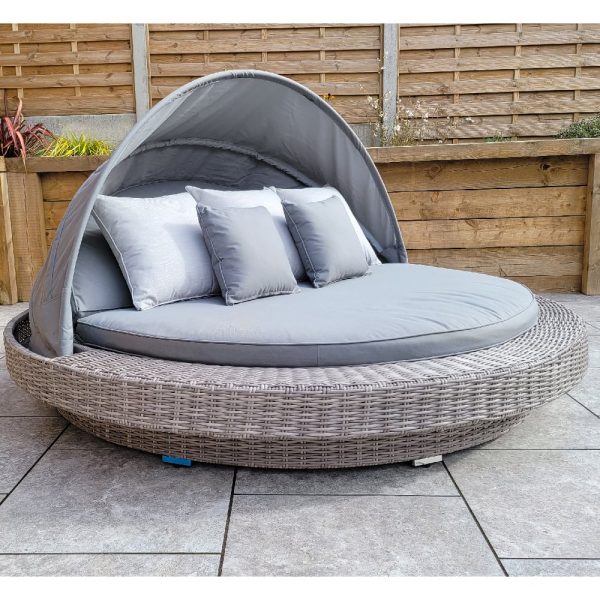 Maona Rattan Garden Round Day Bed In Grey | Bed Sava