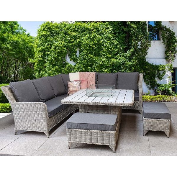 Maree Rattan Garden Corner Dining Set With Firepit In Grey | Bed Sava