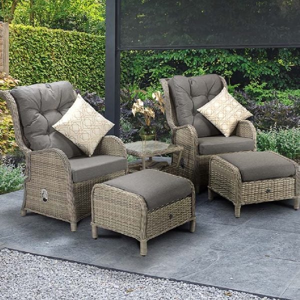 Maree Rattan Garden Reclining Lounge Set In Grey | Bed Sava