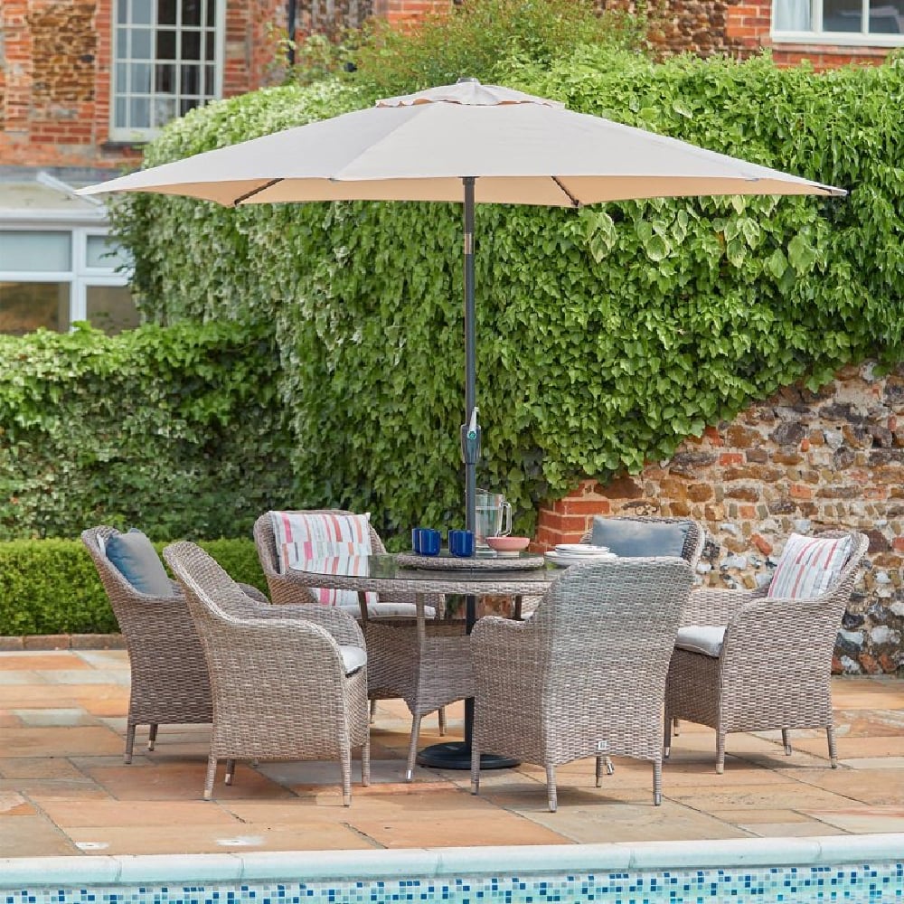 Marfa Glass Top Garden 6 Seater Dining Set With Parasol In Sand