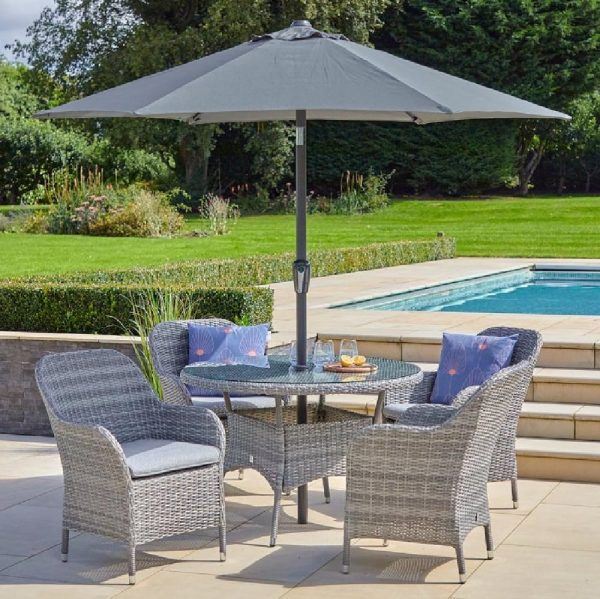 Marfa Glass Top Garden 4 Seater Dining Set With Parasol In Stone | Bed Sava