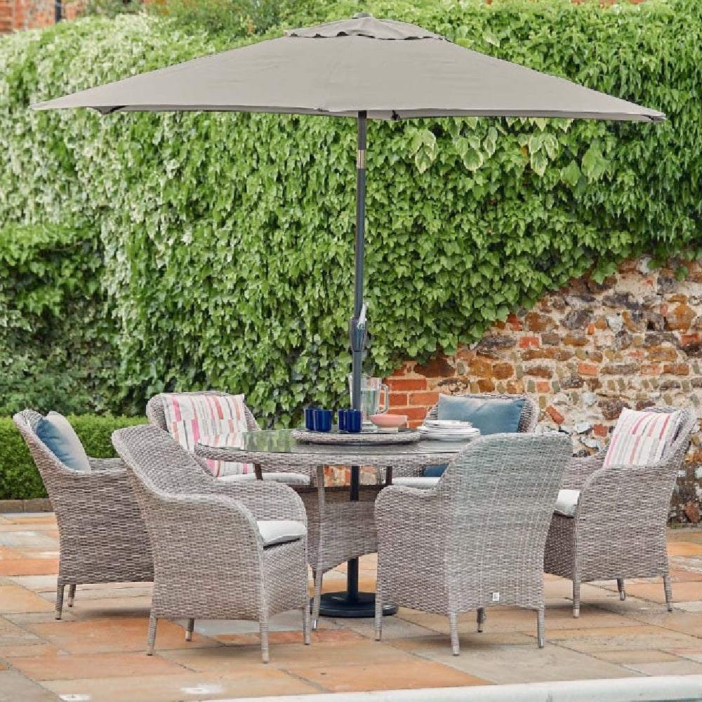 Marfa Glass Top Garden 6 Seater Dining Set With Parasol In Stone