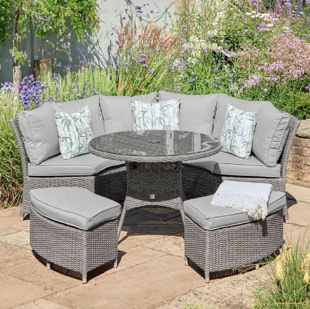Marfa Glass Top Garden Curved Dining Set With 2 Footstools In Stone