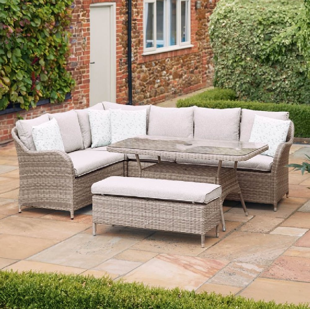 Marfa Glass Top Garden Dining Set With Double Footstool In Sand