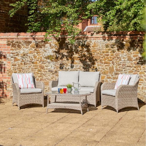 Marfa Glass Top Garden Lounge Sofa Set With Coffee Table In Sand | Bed Sava