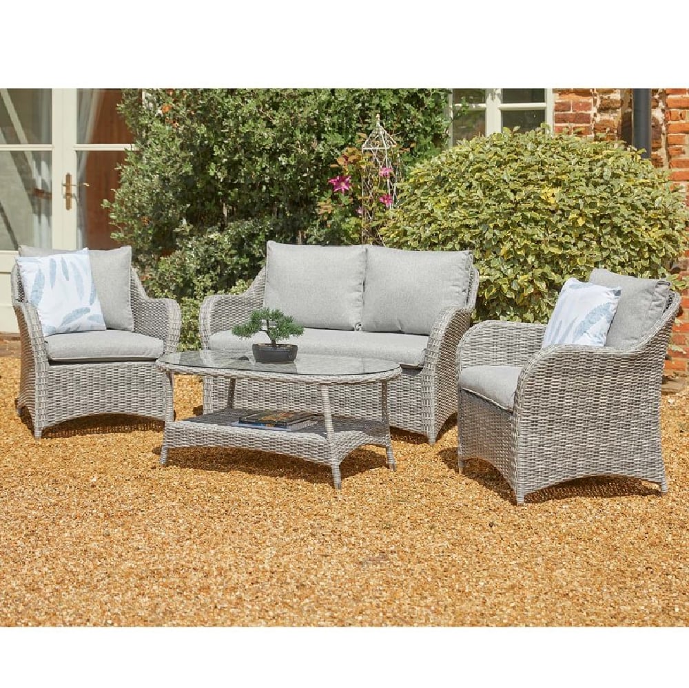 Marfa Glass Top Garden Lounge Sofa Set With Coffee Table In Stone