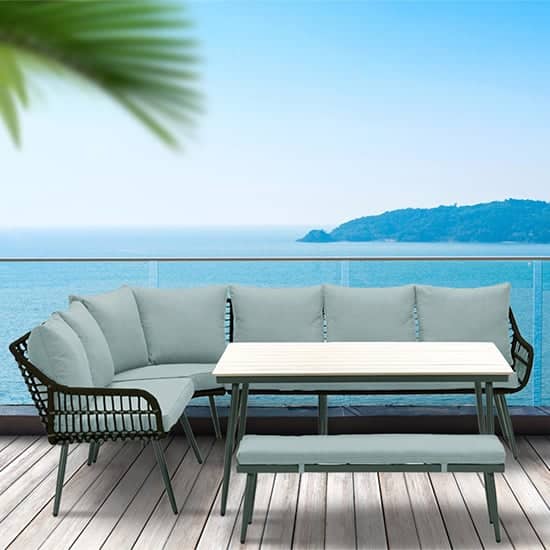 Macy Fabric Corner Lounge Dining Set In Mint Grey
