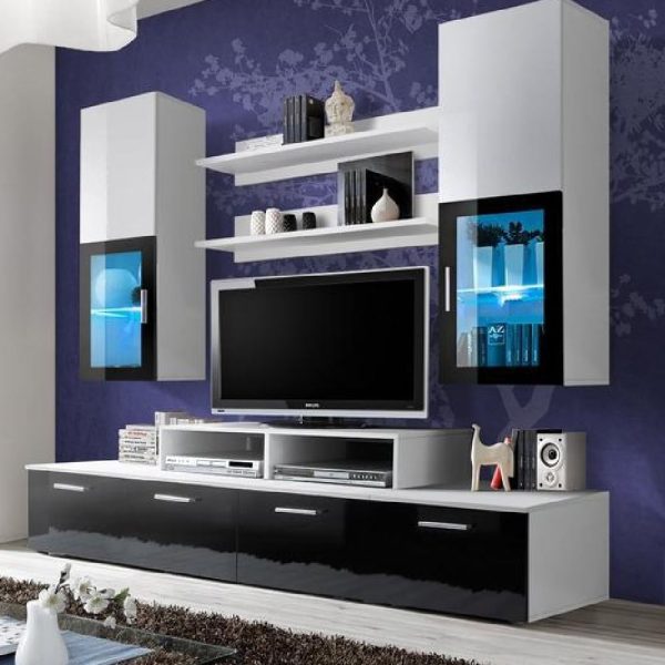 Maricopa High Gloss Entertainment Unit In Black And White With LED | Bed Sava