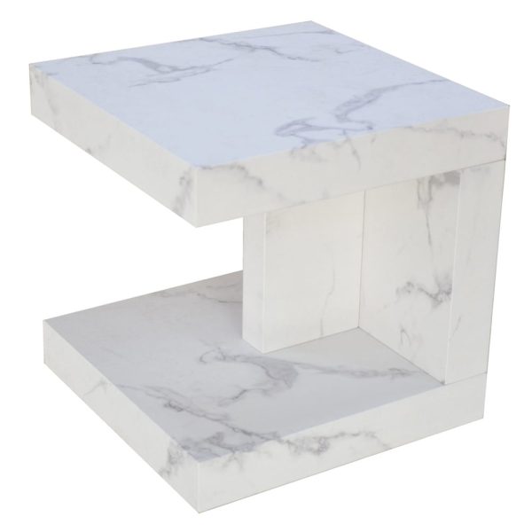Marina Wooden Square End Table In White Marble Effect | Bed Sava