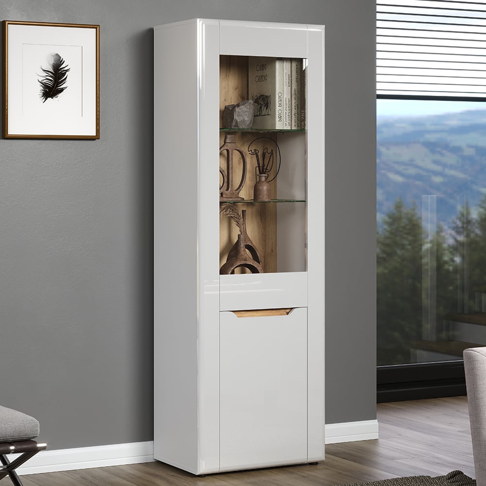 Marion White High Gloss Display Cabinet With 2 Doors In Oak