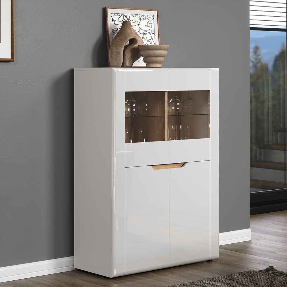 Marion White High Gloss Highboard With 4 Doors In Oak