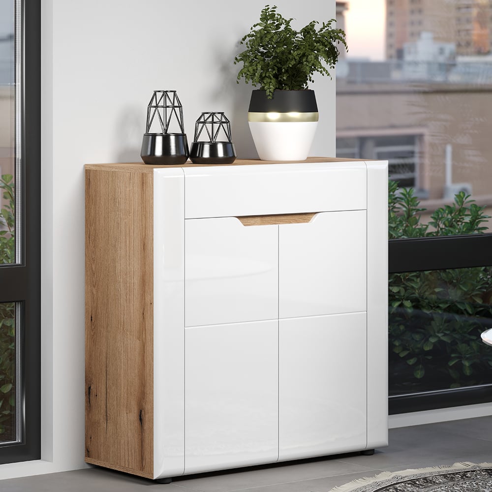 Marion White High Gloss Shoe Storage Cabinet In Oak
