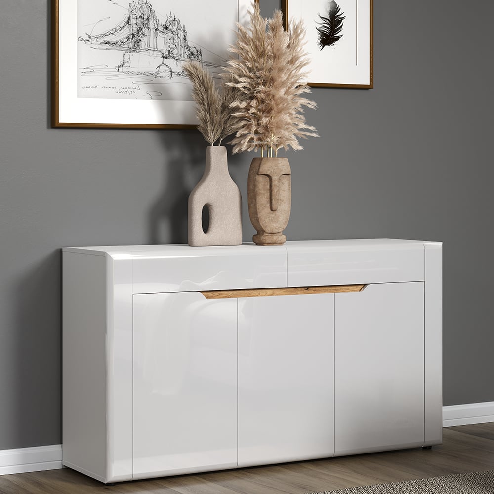 Marion White High Gloss Sideboard With 3 Doors 2 Drawers In Oak