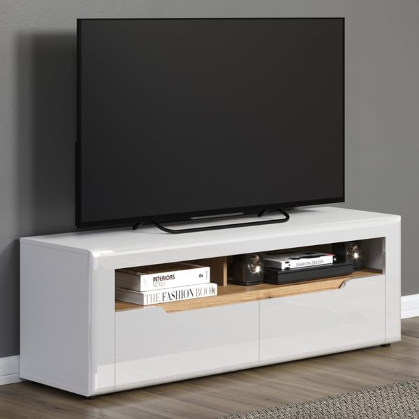Marion White High Gloss TV Stand With 2 Drawers In Oak | Bed Sava