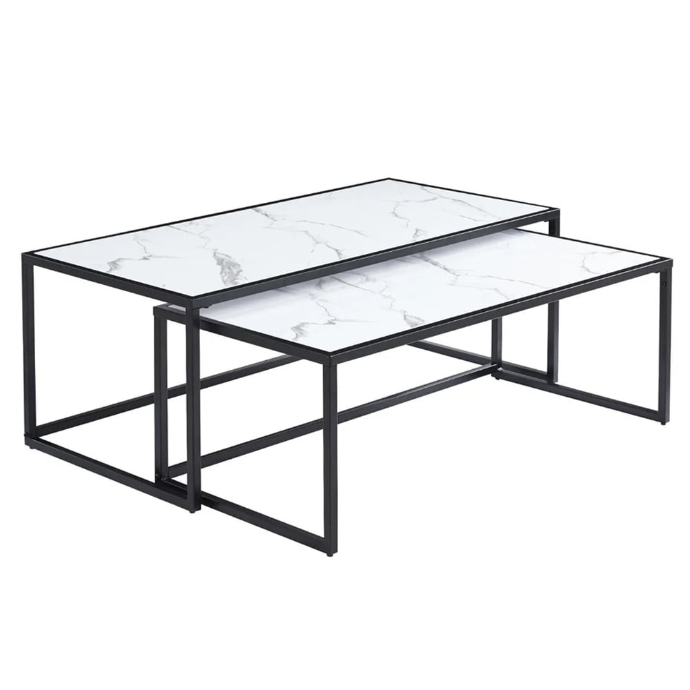 Marion High Gloss Nesting Coffee Tables In White Marble Effect