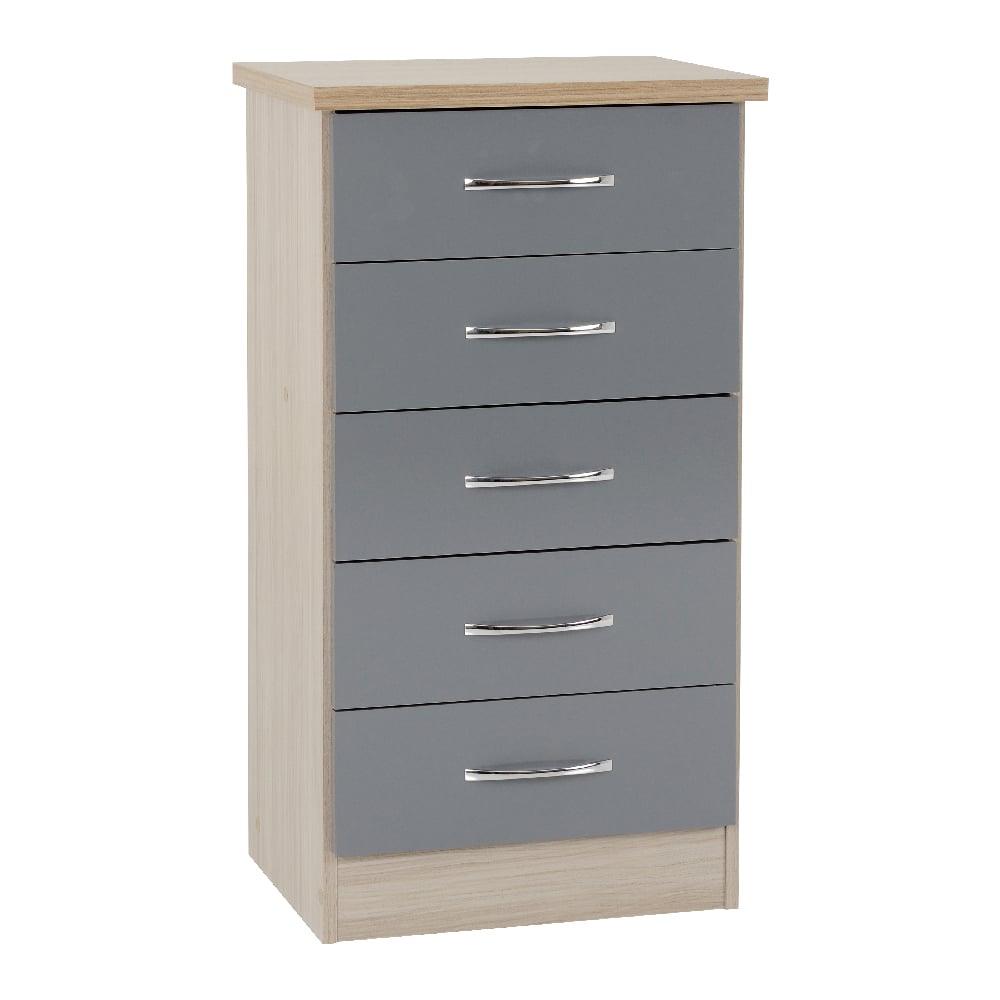 Mack Wooden Chest Of 5 Drawers With Grey Gloss Front In Oak