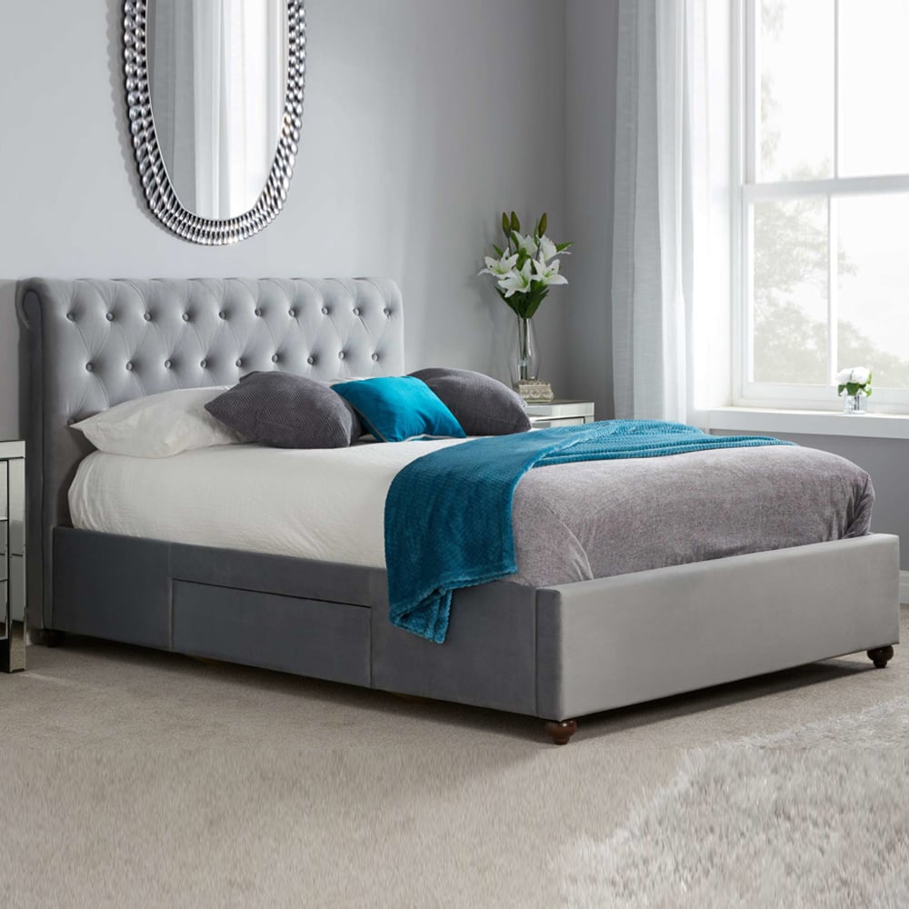 Marlowe Fabric Double Bed With 2 Drawers In Grey