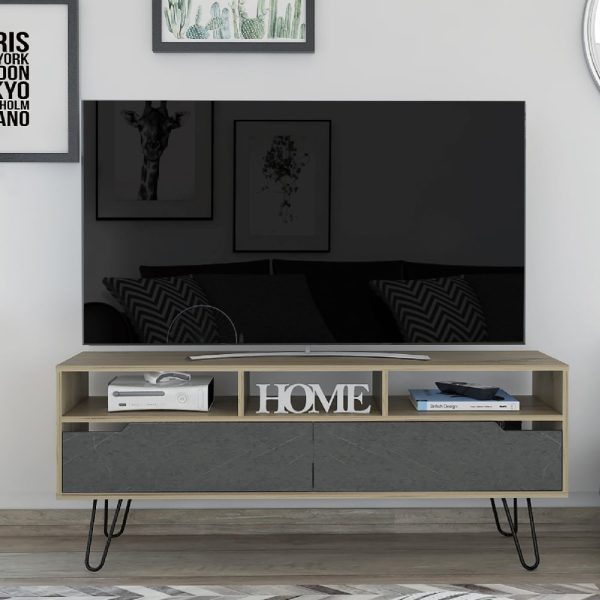 Marsett Wooden TV Stand With 2 Drawers In Oak And Grey | Bed Sava