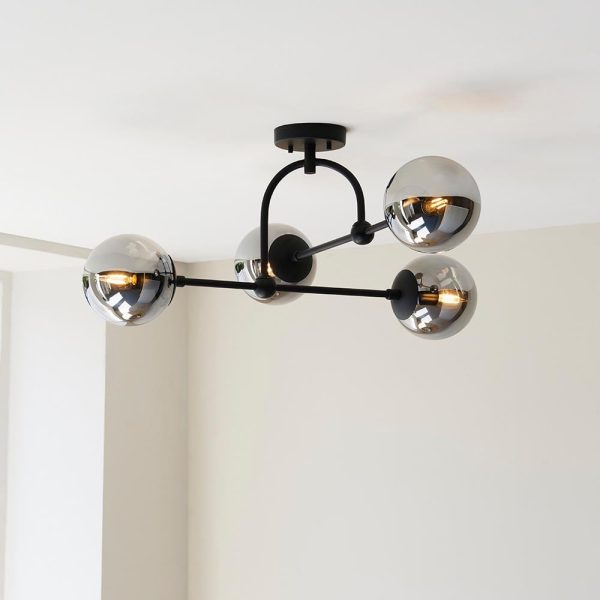 Mayetta Smoked Mirror Glass Semi Flush Ceiling Light In Black | Bed Sava