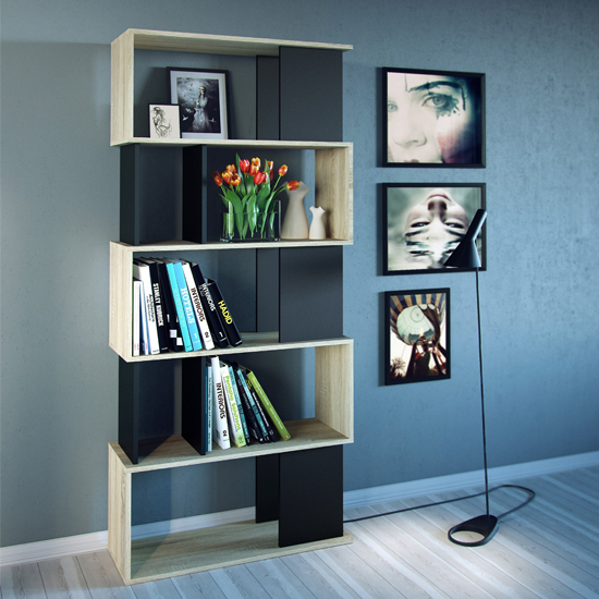 Mazika Wooden Bookcase With 4 Shelves In Oak And Black