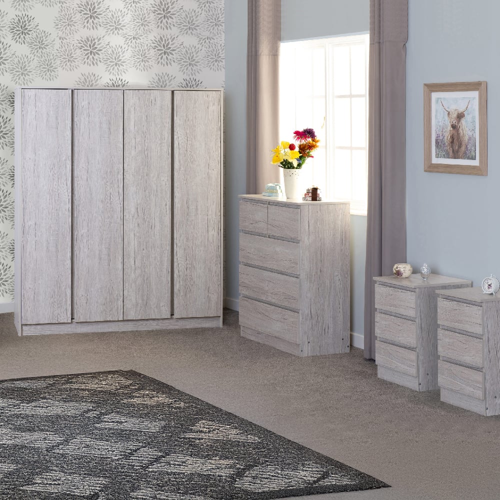 Mcgowen Wooden Bedroom Furniture Set With 4 Doors In Urban Snow