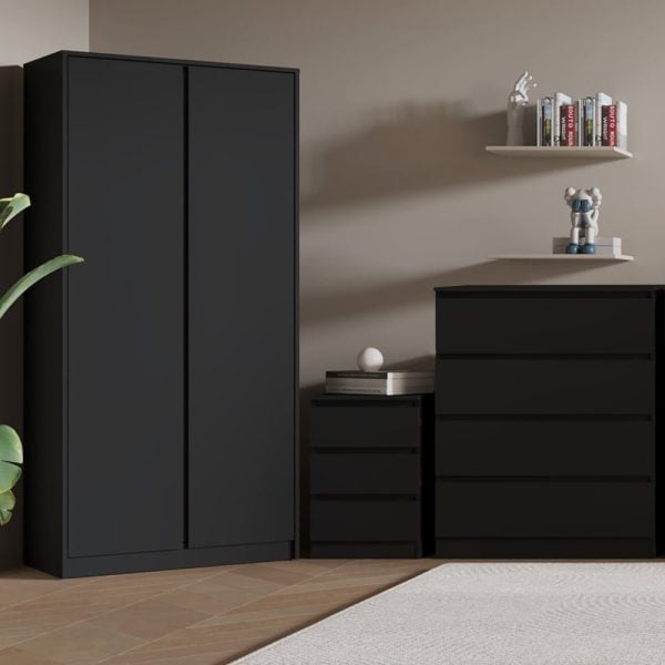 Mcgowen Wooden Furniture Set With 2 Doors Wardrobe In Black | Bed Sava