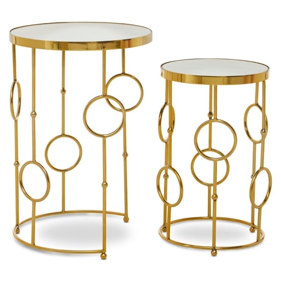 Mekbuda Round White Glass Top Nest Of 2 Tables With Gold Frame