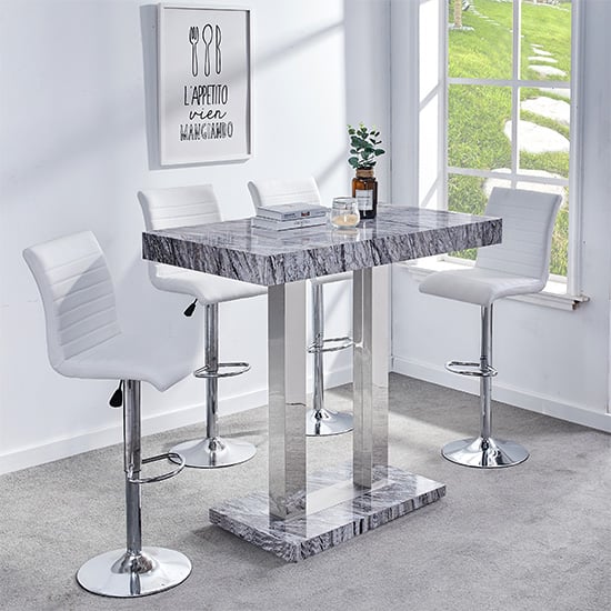 Caprice Melange Effect Bar Table With 4 Ripple White Stools | Bed Sava