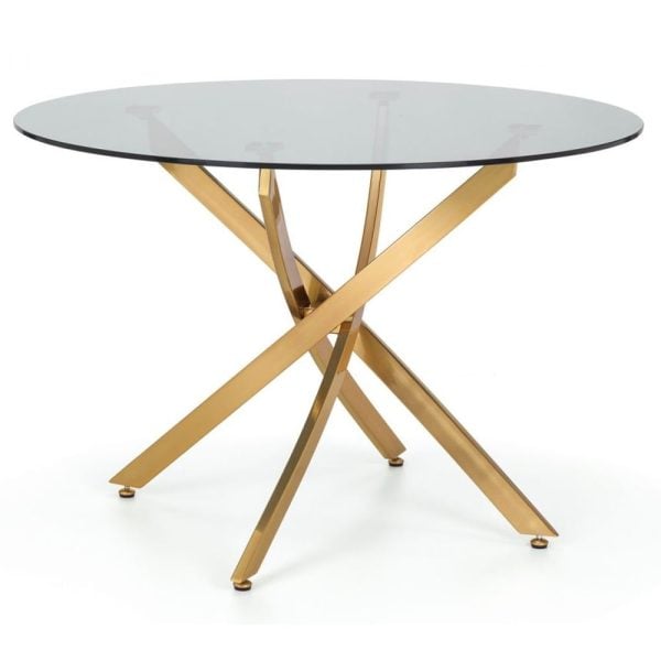 Melvin Clear Glass Dining Table Round With Gold Metal Legs | Bed Sava