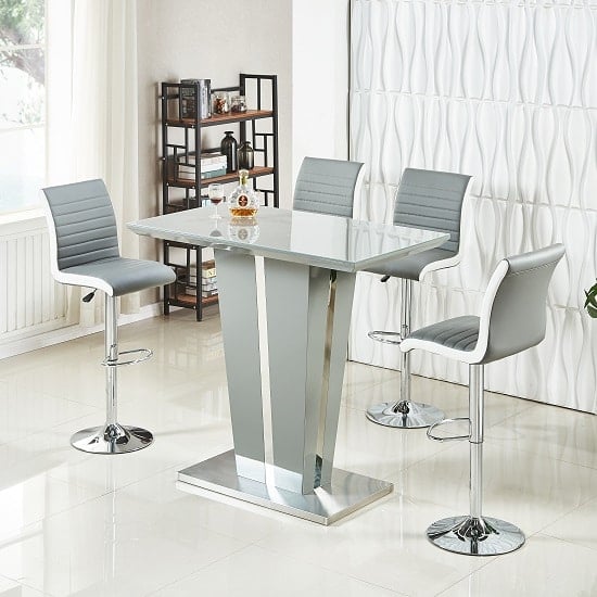 Memphis Glass Grey Gloss Bar Table 4 Ritz Grey White Stools