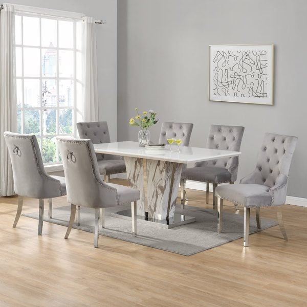 Memphis Large Filo Effect Dining Table 6 Imperial Grey Chairs | Bed Sava