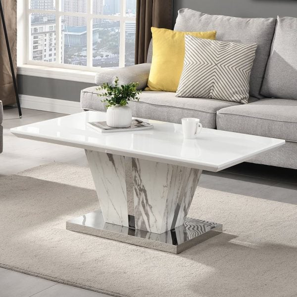 Memphis High Gloss Coffee Table In Filo Marble Effect Glass Top | Bed Sava