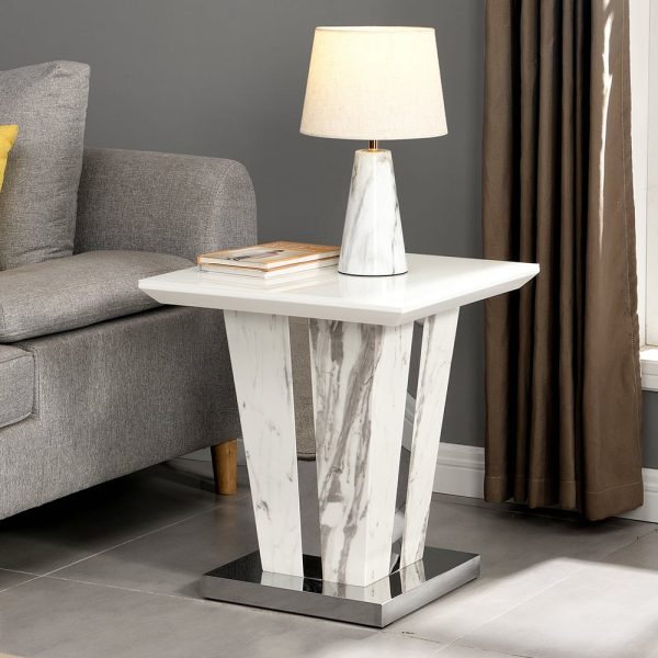 Memphis High Gloss Lamp Table In Filo Marble Effect Glass Top | Bed Sava