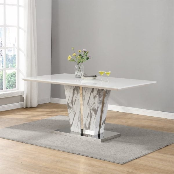 Memphis Large Dining Table In Filo Marble Effect With Glass Top | Bed Sava