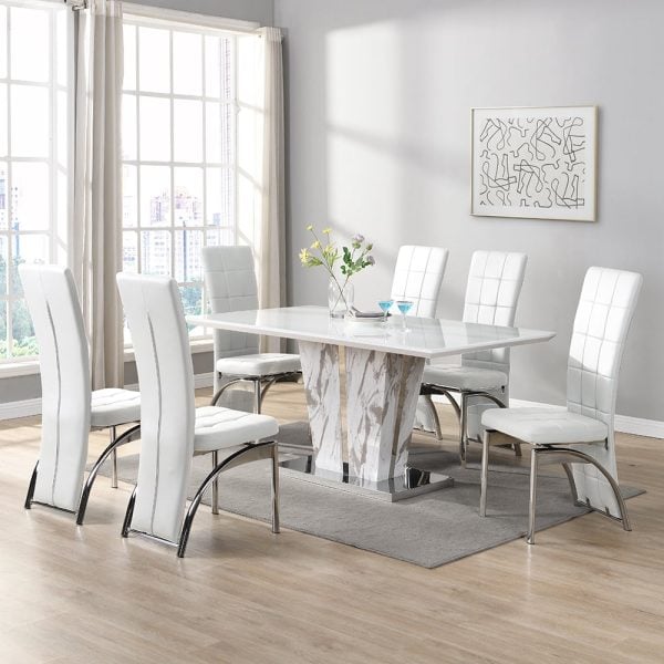 Memphis Large Filo Effect Dining Table 6 Ravenna White Chairs | Bed Sava