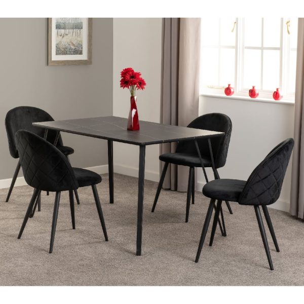 Mequon Black Marble Effect Dining Table With 4 Velvet Chairs | Bed Sava