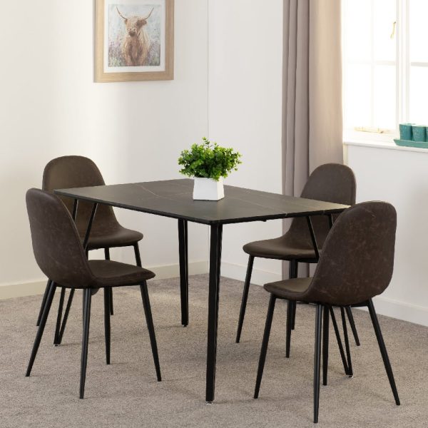 Mequon Black Marble Effect Dining Table With 4 Alsip Brown Chairs | Bed Sava