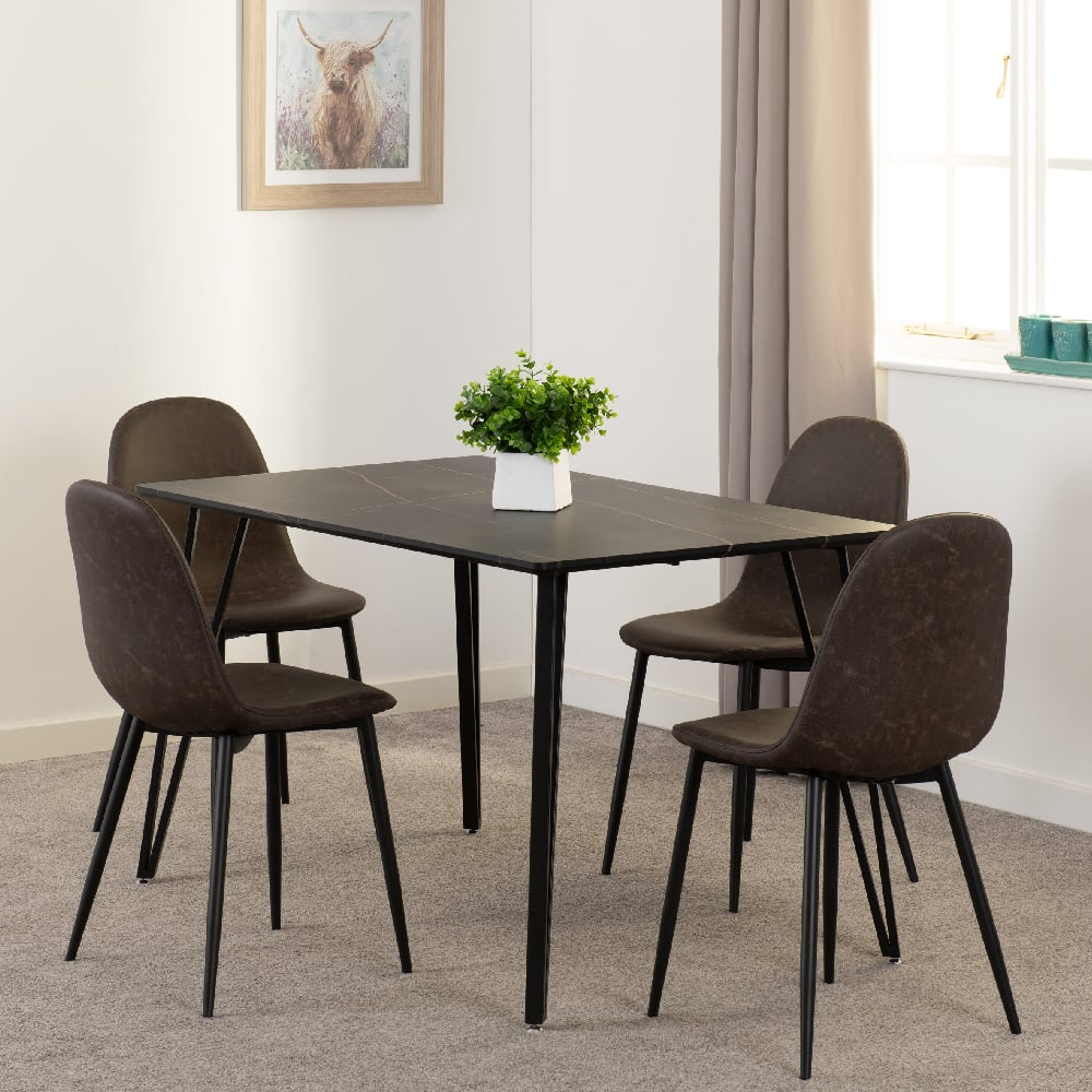 Mequon Black Marble Effect Dining Table With 4 Alsip Brown Chairs