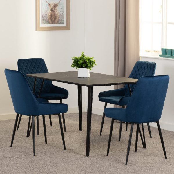 Mequon Black Marble Effect Dining Table With 4 Avah Blue Chairs | Bed Sava