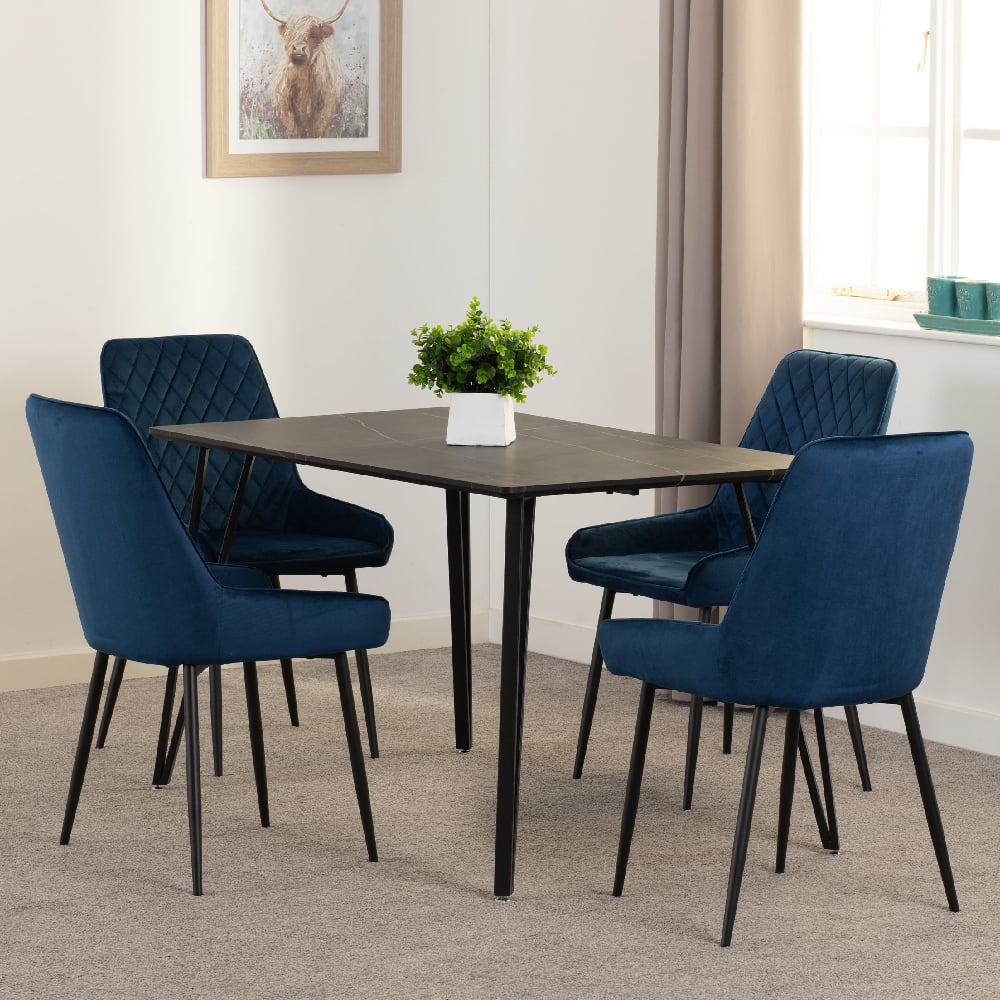 Mequon Black Marble Effect Dining Table With 4 Avah Blue Chairs