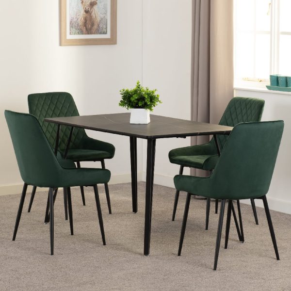 Mequon Black Marble Effect Dining Table With 4 Avah Green Chairs | Bed Sava