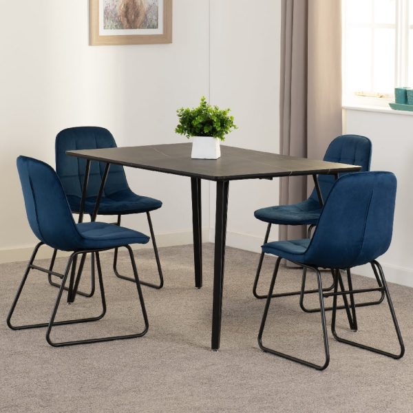 Mequon Black Marble Effect Dining Table With 4 Lyster Blue Chairs | Bed Sava