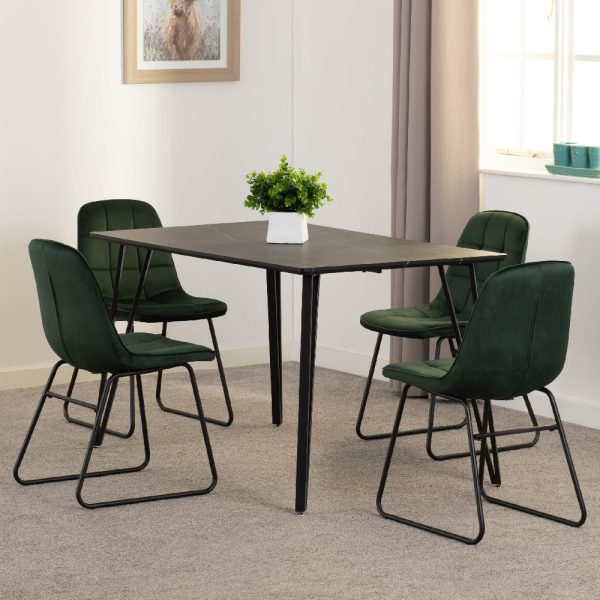 Mequon Black Marble Effect Dining Table With 4 Lyster Green Chairs | Bed Sava