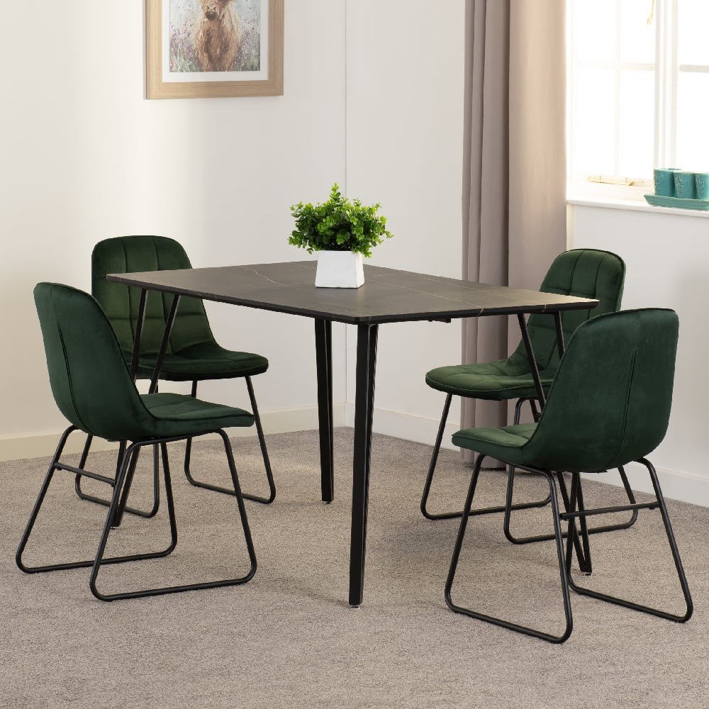 Mequon Black Marble Effect Dining Table With 4 Lyster Green Chairs