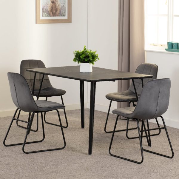 Mequon Black Marble Effect Dining Table With 4 Lyster Grey Chairs | Bed Sava